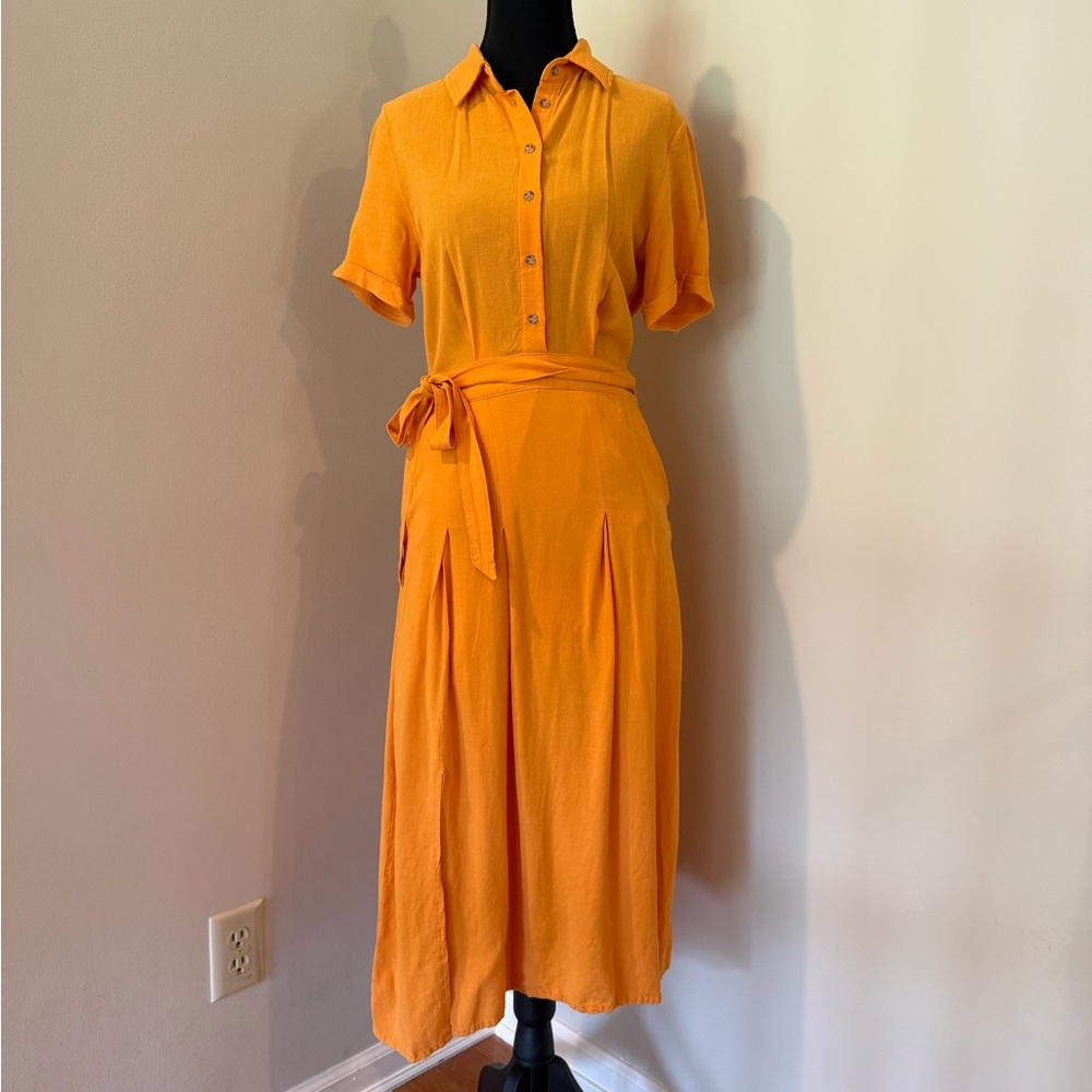 Bright Orange Midi Shirt Dress with Tie Waist